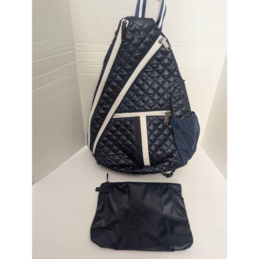 Oliver Thomas Navy Quilted Sling Backpack Dog Print Lining with Pouch